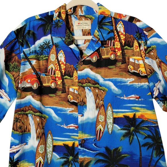 Royal Hawaiian Creations Mens Surfboard Palm Trees Cotton Button Up Shirt L - Picture 3 of 8